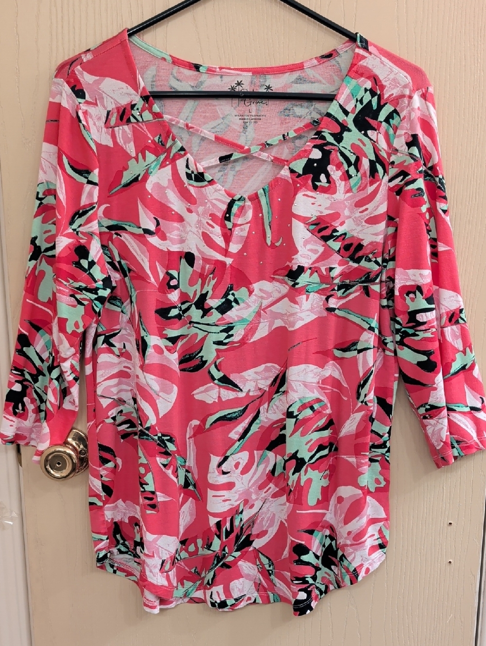 Palm Grove Coral Pink Floral Crisscross V-Neck Long Sleeve Top Size L